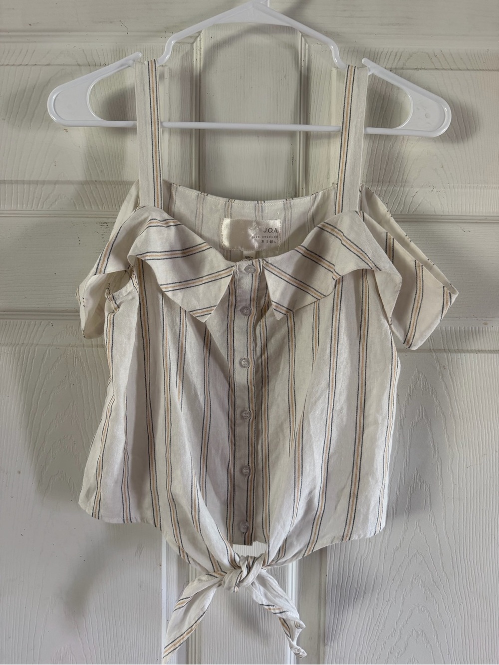 J.O.A. Cream Striped Tie-Front Cold-Shoulder Top